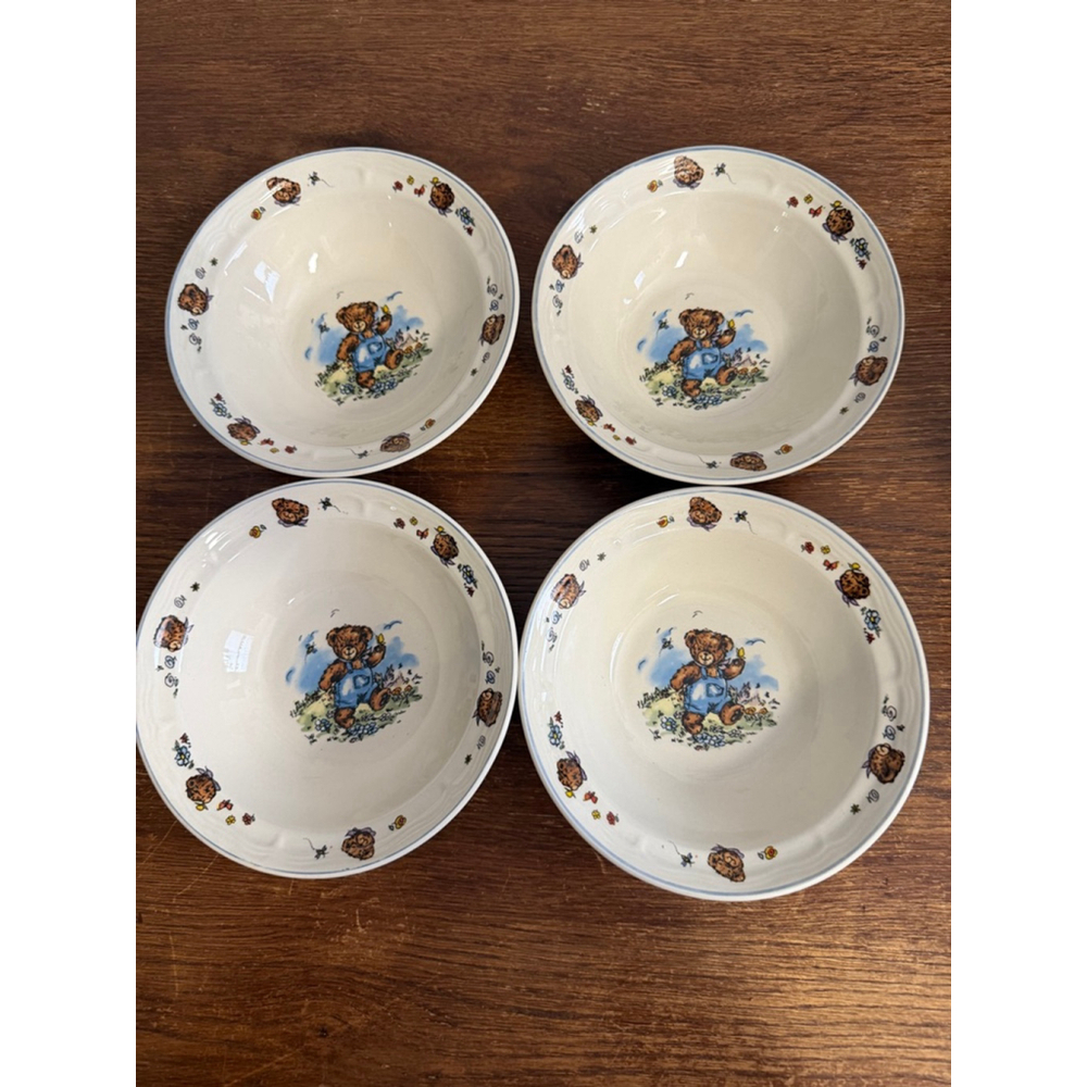 Vintage Teddy Bear Stoneware Cereal Bowls Set of 4 Country Bear Style 7” Kids Di